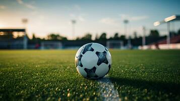 calcio palla su verde erba con tramonto sfondo. calcio palla su calcio campo ai generato foto