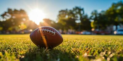 americano calcio palla su erba campo con blu cielo e nuvole nel sfondo ai generato foto