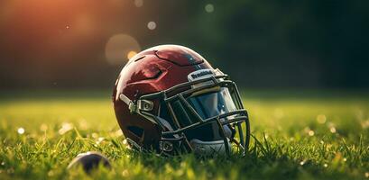 americano calcio casco su verde erba. avvicinamento di gli sport attrezzatura ai generato foto