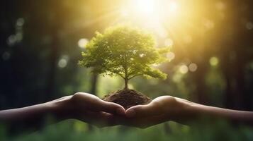 terra giorno nel il mani di alberi in crescita, con bokeh e natura sfondo. generativo ai. foto