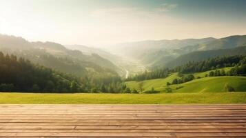 bellissimo all'aperto terrazza e sedie su il soleggiato balcone visualizzazioni con montagna visualizzazioni nel il sfondo. generativo ai. foto