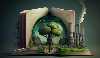 un Aperto fantasia libro illustrazione su il di fronte lato di il vecchio industriale design inquinanti con verde energia e sicuro terra. ai generativo. foto