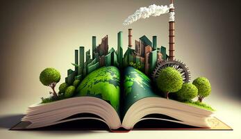 un Aperto fantasia libro illustrazione su il di fronte lato di il vecchio industriale design inquinanti con verde energia e sicuro terra. ai generativo. foto