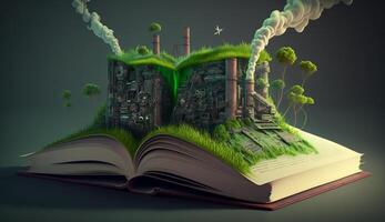 un Aperto fantasia libro illustrazione su il di fronte lato di il vecchio industriale design inquinanti con verde energia e sicuro terra. ai generativo. foto