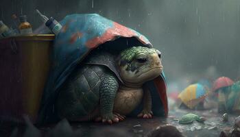 un' tartaruga dorme tra il emorroidi di plastica rifiuto e il pioggia. concetto di Salvataggio il mondo. generativo ai. foto