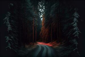 Immagine di un' strada nel il buio foresta. generativo ai. foto