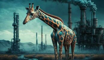 giraffa in piedi nel davanti tossico massa a partire dal chimico. generativo ai. foto