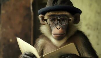 un' freddamente vestito scimmia indossare un' cappello e bicchieri si siede e legge un' libro. generativo ai. foto