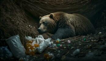 un' orso nel un' completo da uomo dire bugie Il prossimo per un' mucchio di spazzatura nel il piovere, concetto di Salvataggio il mondo. generativo ai. foto