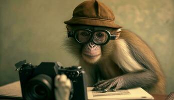scimmia indossare bicchieri Tenere un' telecamera pose per un' foto, foto