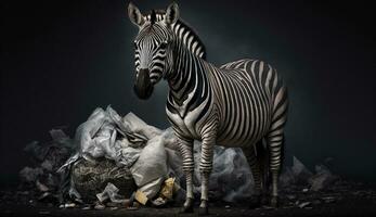 un' zebra sta vicino un' mucchio di plastica rifiuti, concetto di Salvataggio il mondo. generativo ai. foto