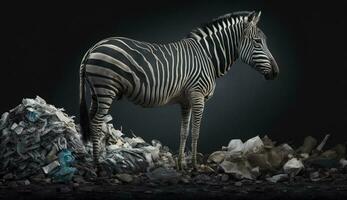 un' zebra sta vicino un' mucchio di plastica rifiuti, concetto di Salvataggio il mondo. generativo ai. foto