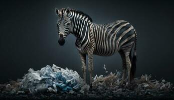 un' zebra sta vicino un' mucchio di plastica rifiuti, concetto di Salvataggio il mondo. generativo ai. foto