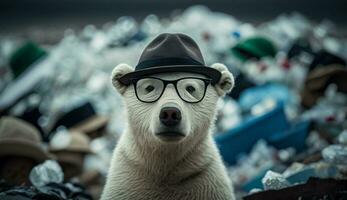 un' bianca orso indossare bicchieri e un' cappello nel il mezzo di un' mucchio di plastica sciupare. generativo ai. foto