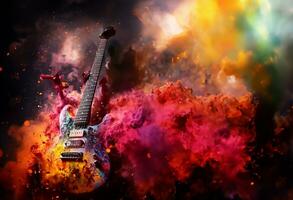 acustico chitarra nel fuoco e acqua alto risoluzione acustico chitarra nel fuoco e acqua illustrazione per chitarra concerto manifesto. foto