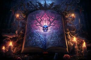 un intricato illustrazione di un' strega antico Libro degli incantesimi ai generativo foto