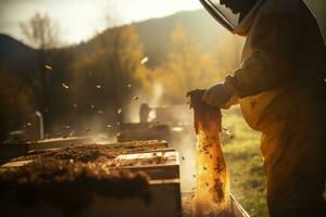 un' scena raffigurante il raccolta di sloveno Miele, in mostra apicoltori e loro orticaria. generativo ai foto