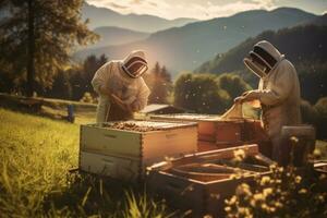 un' scena raffigurante il raccolta di sloveno Miele, in mostra apicoltori e loro orticaria. generativo ai foto