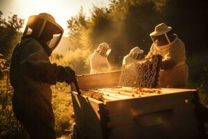 un' scena raffigurante il raccolta di sloveno Miele, in mostra apicoltori e loro orticaria. generativo ai foto