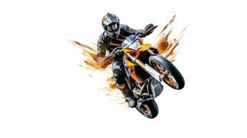 un' dinamico illustrazione con un' motocicletta casco sospeso mezz'aria contro un' bianca sfondo, evocando un' senso di velocità, avventura, e il euforia di motociclo cavalcare. generativo ai foto