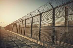 un Immagine di un' alta sicurezza prigione recinto o perimetro parete, simboleggiante il separazione fra detenuti e il al di fuori mondo. generativo ai foto
