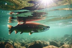 proteggere salmone popolazioni, raccolta consapevolezza di il importanza di preservare loro habitat e garantendo sostenibile pesca pratiche. generativo ai foto