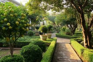 il villa giardino con un' varietà di impianti e alberi quello offrire bellezza e funzionalità. frutta alberi orso maturo e succulento frutta, mentre erbe aromatiche e aromatico impianti fornire fragranza. generativo ai foto