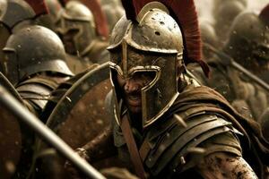 battaglia infuria Su, il spartani viso onda dopo onda di persiano soldati.ciascuno spartano guerriero lotte con un' feroce determinazione. concetto forza di il umano spirito. generativo ai foto