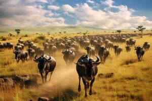 annuale gnu migrazione nel il serengeti, in mostra un' vasto paesaggio pieno con migliaia di animali su il muoversi, simboleggiante il cerchio di vita e il bellezza di natura. generativo ai foto