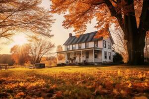 un' affascinante agriturismo circondato di vivace autunno alberi, in mostra il idilliaco bellezza di rurale paesaggi durante il autunno stagione. generativo ai foto