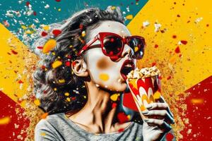 donna soffiaggio su Popcorn con sua mani, nel pop arte stile. generativo ai foto