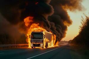 ardente trasporto servizio camion su un' veloce autostrada. strada chiuso e camion danneggiato. ai generativo foto