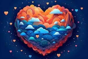 carta tagliare arte stile a forma di cuore pianeta galleggiante nel un' surreale cielo, con colorato costellazioni circostante esso, raffigurante un' amore quello trascende confini. generativo ai foto