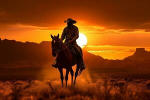 un' silhouette di un' cowboy equitazione contro un' vivace tramonto, cattura il bellezza e solitudine di il occidentale frontiera. generativo ai foto