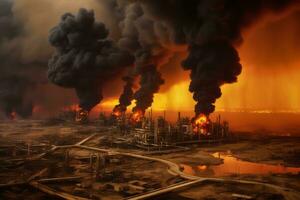 intenso devastazione come di spessore Fumo e fiamme inghiottire olio i campi nel Iraq, raffigurante il urto di guerra e distruzione. generativo ai foto