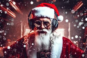 un' vivace e festivo Natale festa con un' Santa Claus dj indossare cuffie e occhiali. lui è in piedi dietro a un' dj miscelatore giocando musica. rosso sfondo, con un' giallo leggero splendente. generativo ai foto