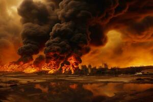 intenso devastazione come di spessore Fumo e fiamme inghiottire olio i campi nel Iraq, raffigurante il urto di guerra e distruzione. generativo ai foto
