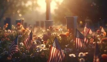 memoriale per caduto soldati, con bandiere, fiori, e un' senso di riverenza, onorare loro sacrificio e coraggio. generativo ai foto