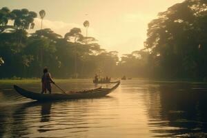 un Immagine evidenziazione il ricco culturale eredità di il amazzonico, con un indigeno Comunità impegnato nel tradizionale attività, in mostra loro connessione con il ambiente. generativo ai foto