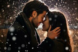 un' avvicinamento tiro di un' amorevole coppia condivisione un' appassionato bacio contro un' fondale di caduta fiocchi di neve. generativo ai foto