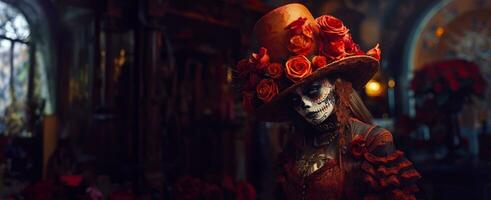 un elegante e elegante rappresentazione di il iconico dia de los muertos carattere, la catrina, con elaborare vestiario, un' floreale copricapo, e un' in bilico comportamento. generativo ai foto