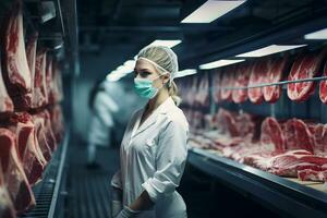 femmina macellaio con maschera, ispezionando freddo Conservazione per carne . generativo ai foto