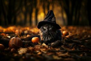 un' avvicinamento fotografia di un' nero gatto riposo vicino un' appuntito di strega cappello, veicolare il simbolismo di il Halloween stagione. generativo ai foto