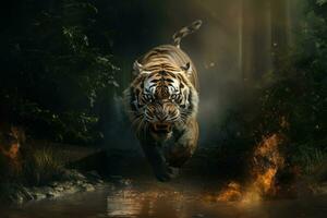 un' tigre in esecuzione su a partire dal il giungla. generativo ai foto