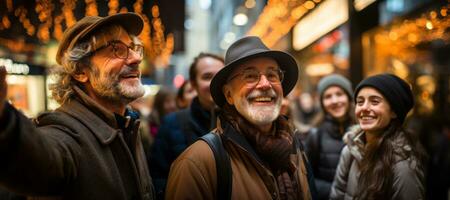 un' amichevole giro guida principale un' gruppo di turisti attraverso vivace città strade, puntamento su punti di riferimento e condivisione affascinante storico fatti. generativo ai foto