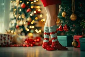 avvicinamento di donna piedi nel Natale calzini, decorazione un' festivo Natale albero con colorato ornamenti. generativo ai foto