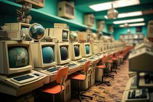 un' aula pieno con Vintage ▾ 'anni 80 computer, evidenziazione il Evoluzione di tecnologia e il semplicità di presto computer sistemi. generativo ai foto