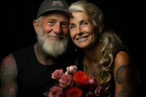 un' stimolante Immagine cattura il saggezza e vita esperienze riflessa nel il tatuaggio scelte di il anziano coppia. generativo ai foto