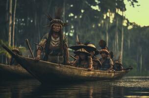 un Immagine evidenziazione il ricco culturale eredità di il amazzonico, con un indigeno Comunità impegnato nel tradizionale attività, in mostra loro connessione con il ambiente. generativo ai foto
