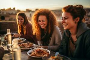 sorridente amici cenare su tetto ristorante nel Marrakech mentre su vacanza. generativo ai foto